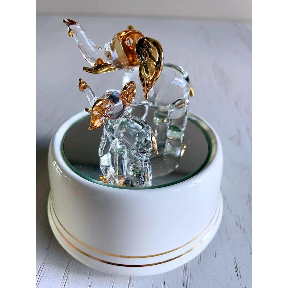 Vintage Glass Elephant Family Music Box White Gold Tone Mirror Base Plays Tune